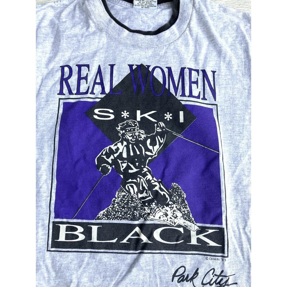 Vintage 1993 Signal Sports Real Women Ski Black Park City Ringer T-Shirt Gray M